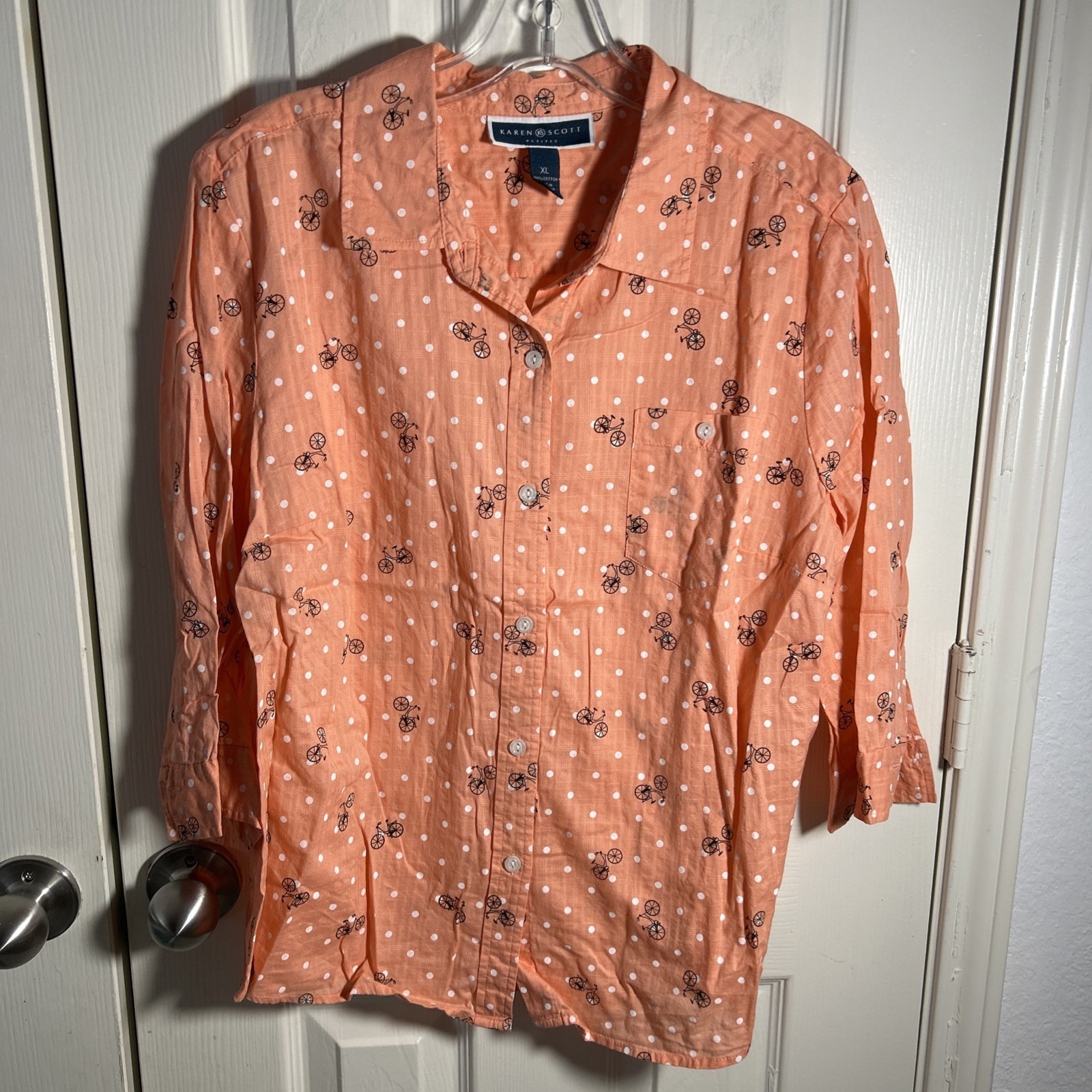 Karen Scott Women's Pink 3/4 Sleeve Bicycle Print Button Up Blouse Size Xlp